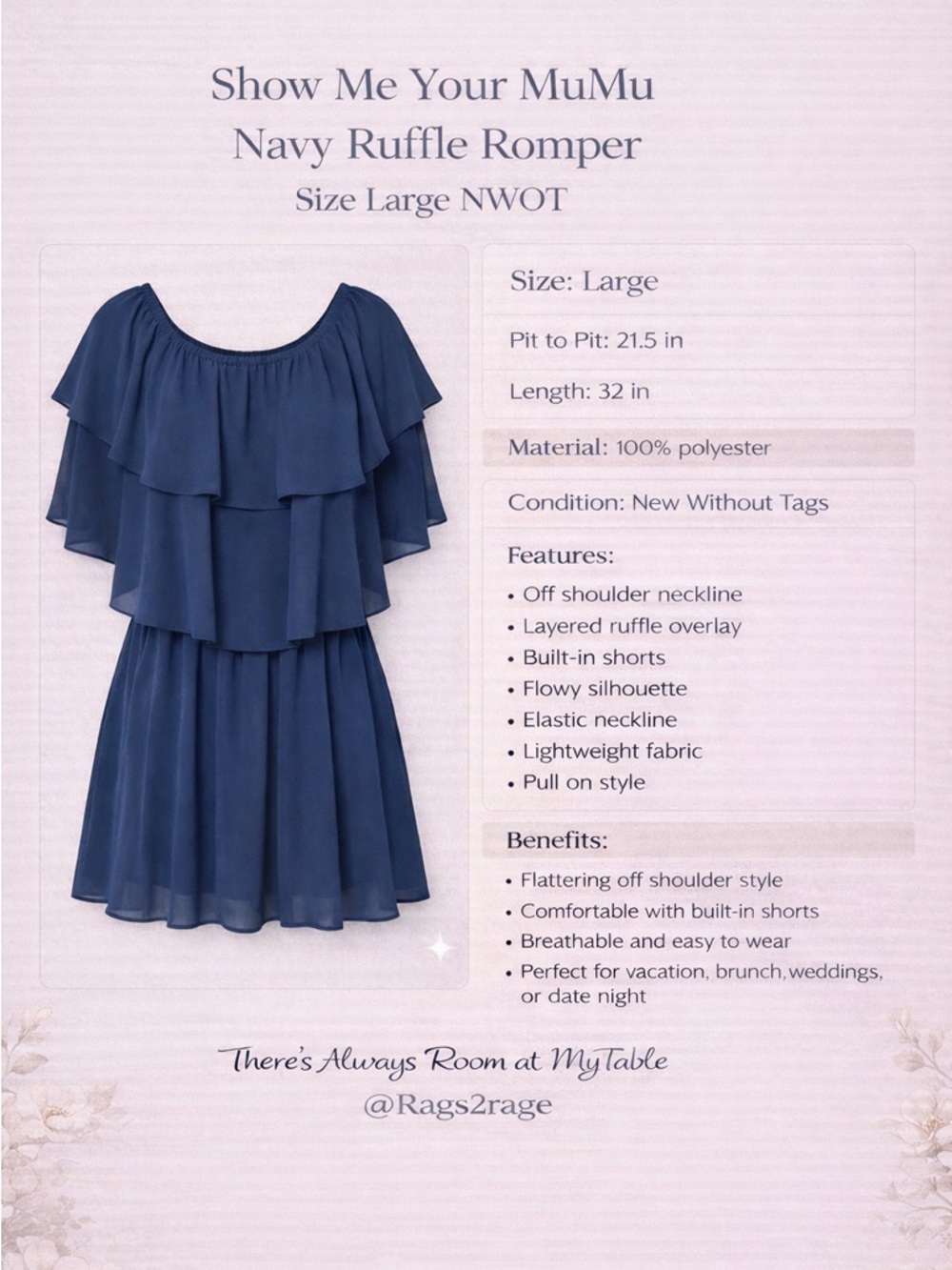 Show Me Your MuMu Navy Off Shoulder Ruffle Romper Large NWOT